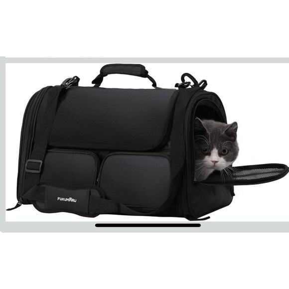 Small Cat Dog Soft Carrier Black Mesh Windows Storage Pockets Airline Approved - Picture 2 of 6